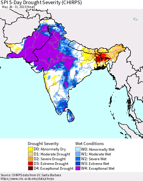 Southern Asia SPI 5-Day Drought Severity (CHIRPS) Thematic Map For 5/26/2023 - 5/31/2023