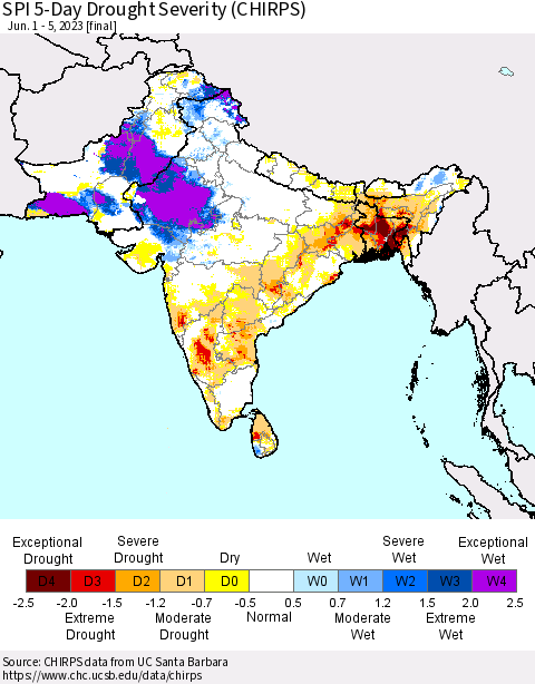 Southern Asia SPI 5-Day Drought Severity (CHIRPS) Thematic Map For 6/1/2023 - 6/5/2023
