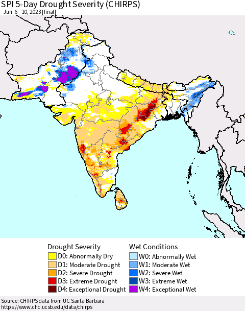Southern Asia SPI 5-Day Drought Severity (CHIRPS) Thematic Map For 6/6/2023 - 6/10/2023