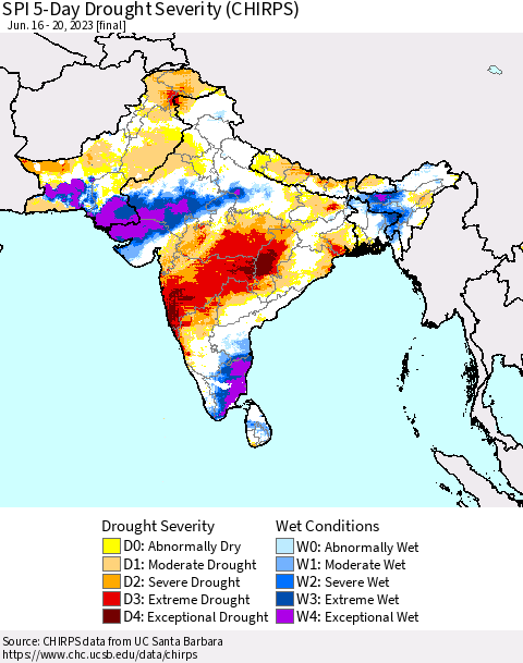 Southern Asia SPI 5-Day Drought Severity (CHIRPS) Thematic Map For 6/16/2023 - 6/20/2023