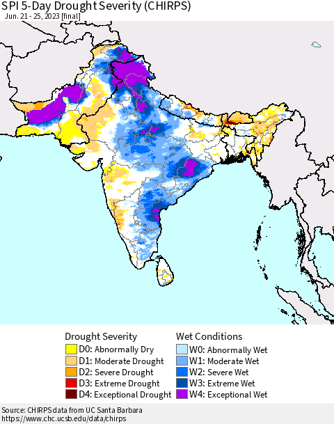 Southern Asia SPI 5-Day Drought Severity (CHIRPS) Thematic Map For 6/21/2023 - 6/25/2023
