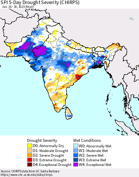 Southern Asia SPI 5-Day Drought Severity (CHIRPS) Thematic Map For 6/26/2023 - 6/30/2023