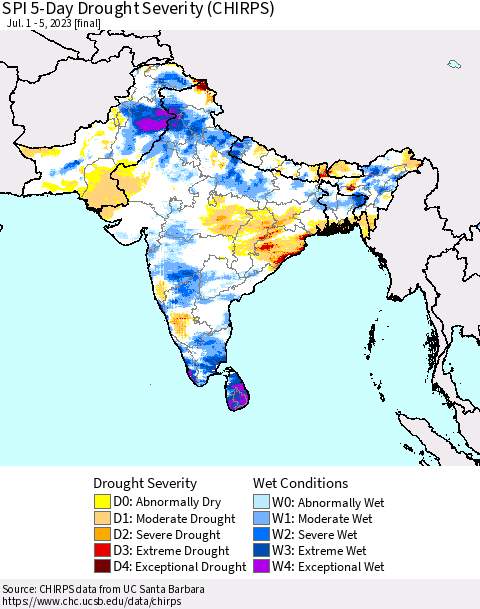 Southern Asia SPI 5-Day Drought Severity (CHIRPS) Thematic Map For 7/1/2023 - 7/5/2023