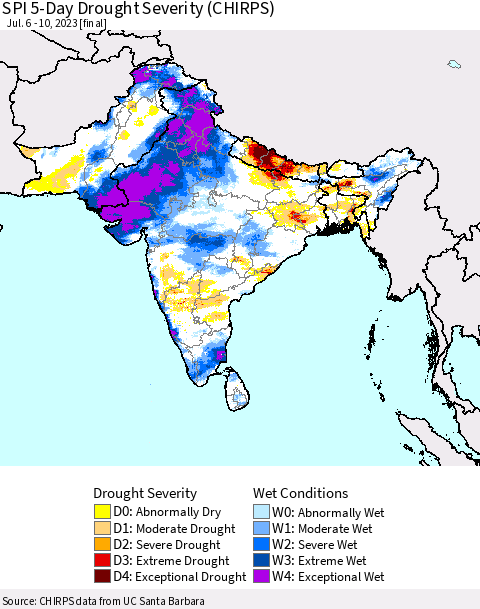 Southern Asia SPI 5-Day Drought Severity (CHIRPS) Thematic Map For 7/6/2023 - 7/10/2023