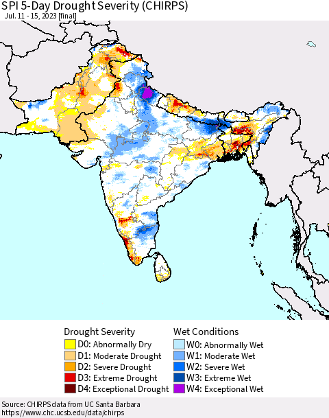 Southern Asia SPI 5-Day Drought Severity (CHIRPS) Thematic Map For 7/11/2023 - 7/15/2023
