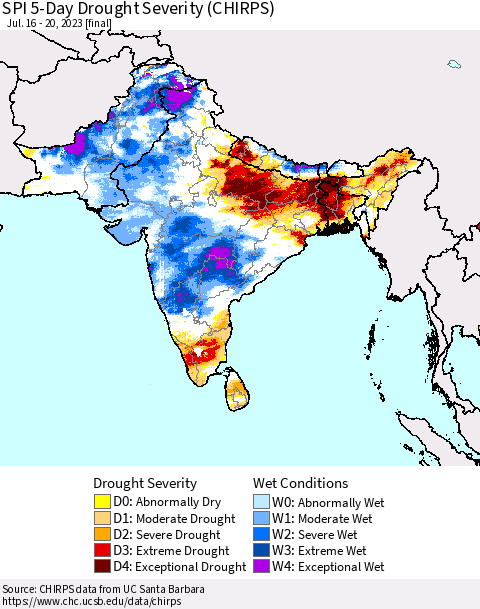 Southern Asia SPI 5-Day Drought Severity (CHIRPS) Thematic Map For 7/16/2023 - 7/20/2023