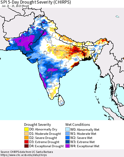 Southern Asia SPI 5-Day Drought Severity (CHIRPS) Thematic Map For 7/21/2023 - 7/25/2023