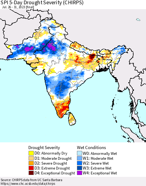 Southern Asia SPI 5-Day Drought Severity (CHIRPS) Thematic Map For 7/26/2023 - 7/31/2023