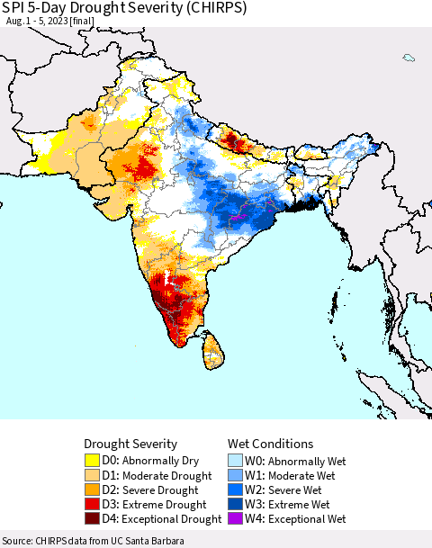 Southern Asia SPI 5-Day Drought Severity (CHIRPS) Thematic Map For 8/1/2023 - 8/5/2023