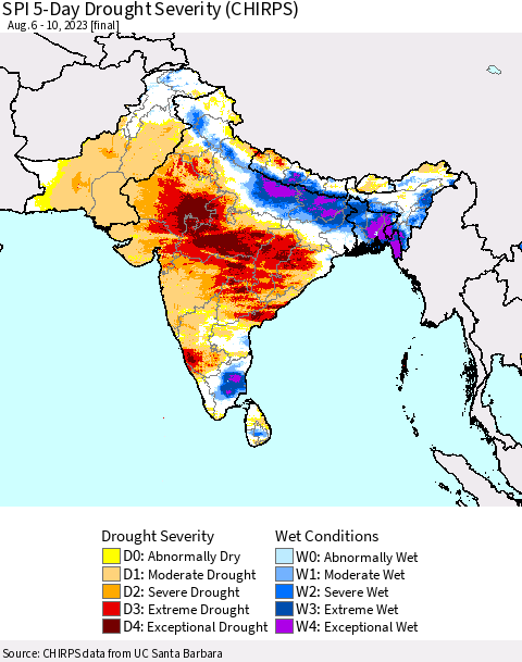 Southern Asia SPI 5-Day Drought Severity (CHIRPS) Thematic Map For 8/6/2023 - 8/10/2023