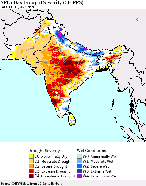 Southern Asia SPI 5-Day Drought Severity (CHIRPS) Thematic Map For 8/11/2023 - 8/15/2023