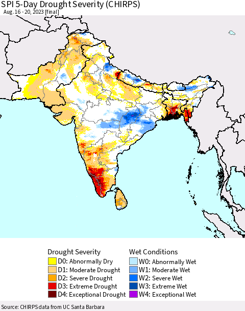Southern Asia SPI 5-Day Drought Severity (CHIRPS) Thematic Map For 8/16/2023 - 8/20/2023