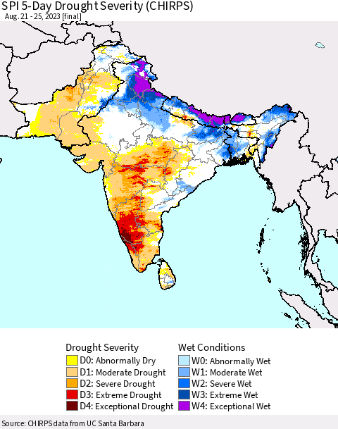 Southern Asia SPI 5-Day Drought Severity (CHIRPS) Thematic Map For 8/21/2023 - 8/25/2023