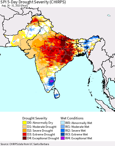 Southern Asia SPI 5-Day Drought Severity (CHIRPS) Thematic Map For 8/26/2023 - 8/31/2023