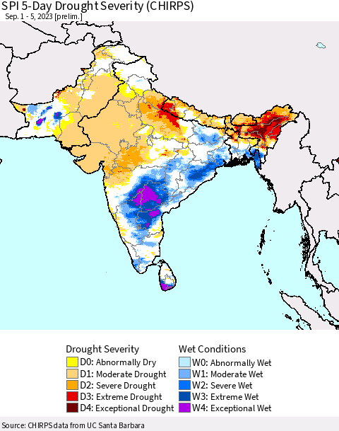 Southern Asia SPI 5-Day Drought Severity (CHIRPS) Thematic Map For 9/1/2023 - 9/5/2023