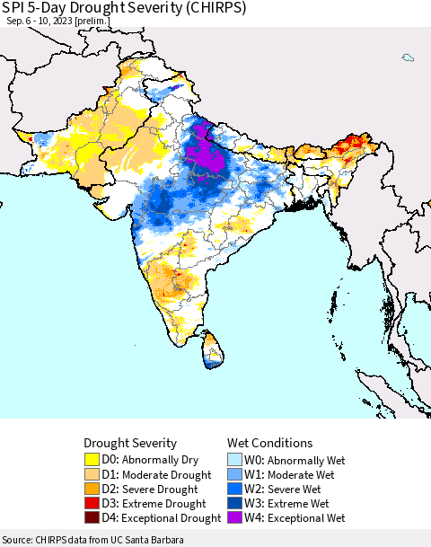 Southern Asia SPI 5-Day Drought Severity (CHIRPS) Thematic Map For 9/6/2023 - 9/10/2023