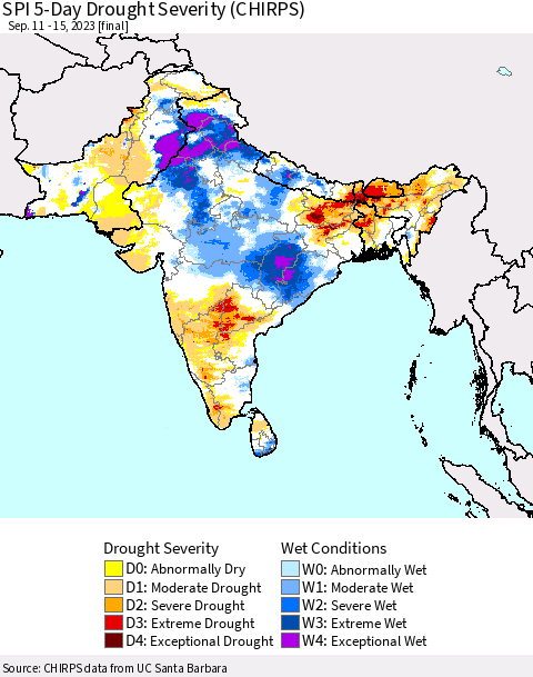 Southern Asia SPI 5-Day Drought Severity (CHIRPS) Thematic Map For 9/11/2023 - 9/15/2023