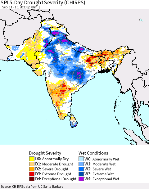 Southern Asia SPI 5-Day Drought Severity (CHIRPS) Thematic Map For 9/11/2023 - 9/15/2023