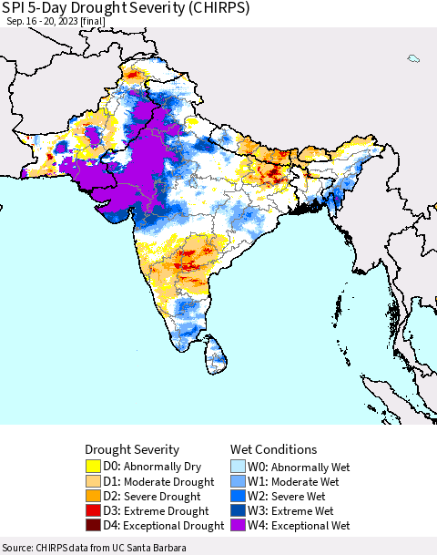 Southern Asia SPI 5-Day Drought Severity (CHIRPS) Thematic Map For 9/16/2023 - 9/20/2023