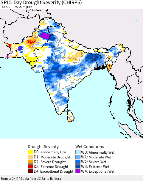 Southern Asia SPI 5-Day Drought Severity (CHIRPS) Thematic Map For 9/21/2023 - 9/25/2023