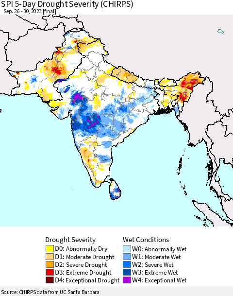 Southern Asia SPI 5-Day Drought Severity (CHIRPS) Thematic Map For 9/26/2023 - 9/30/2023