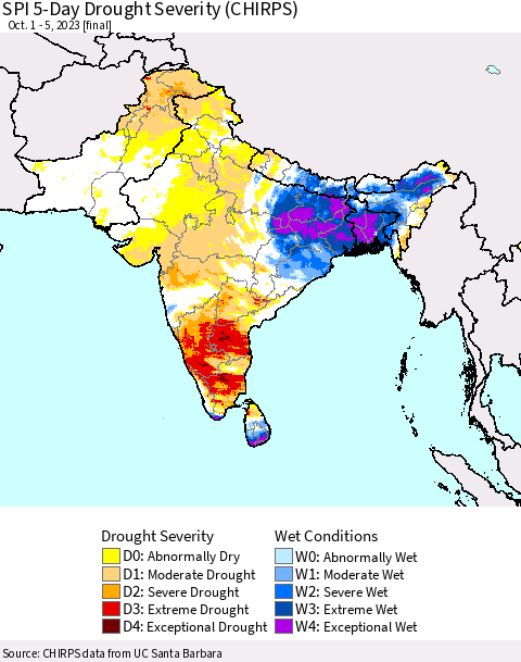 Southern Asia SPI 5-Day Drought Severity (CHIRPS) Thematic Map For 10/1/2023 - 10/5/2023