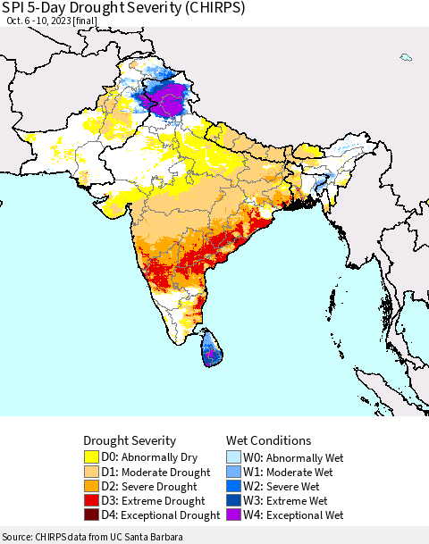 Southern Asia SPI 5-Day Drought Severity (CHIRPS) Thematic Map For 10/6/2023 - 10/10/2023
