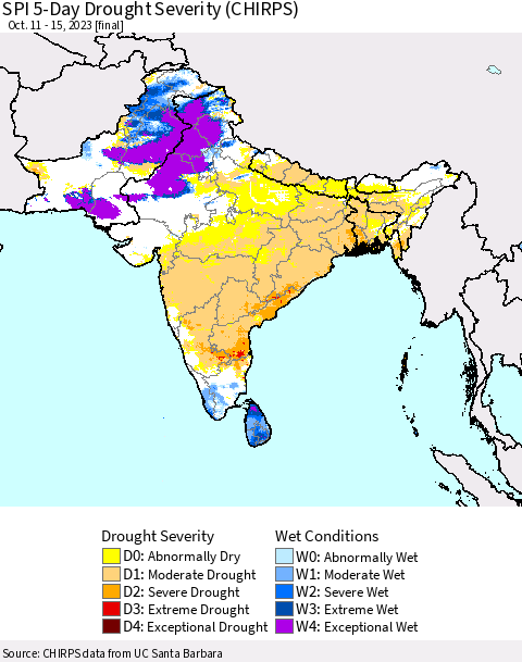 Southern Asia SPI 5-Day Drought Severity (CHIRPS) Thematic Map For 10/11/2023 - 10/15/2023