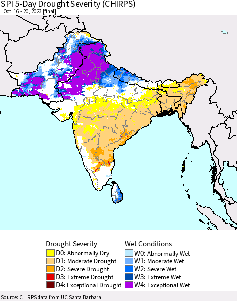Southern Asia SPI 5-Day Drought Severity (CHIRPS) Thematic Map For 10/16/2023 - 10/20/2023