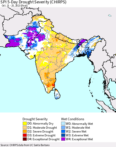 Southern Asia SPI 5-Day Drought Severity (CHIRPS) Thematic Map For 10/21/2023 - 10/25/2023