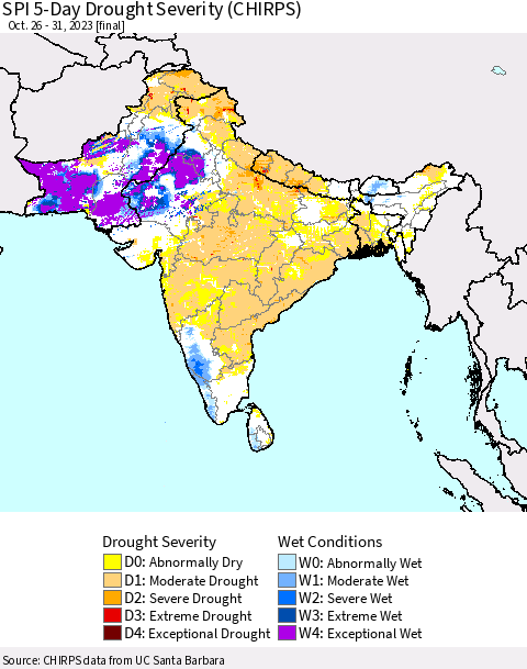 Southern Asia SPI 5-Day Drought Severity (CHIRPS) Thematic Map For 10/26/2023 - 10/31/2023