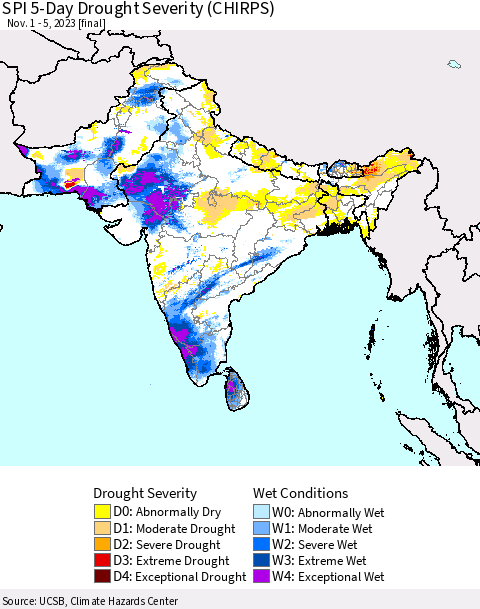 Southern Asia SPI 5-Day Drought Severity (CHIRPS) Thematic Map For 11/1/2023 - 11/5/2023