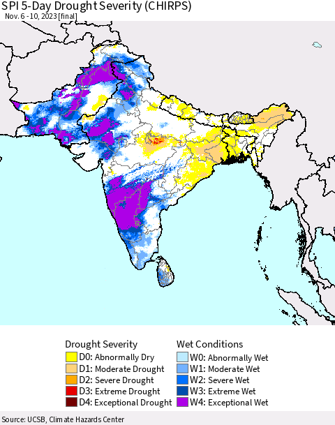 Southern Asia SPI 5-Day Drought Severity (CHIRPS) Thematic Map For 11/6/2023 - 11/10/2023