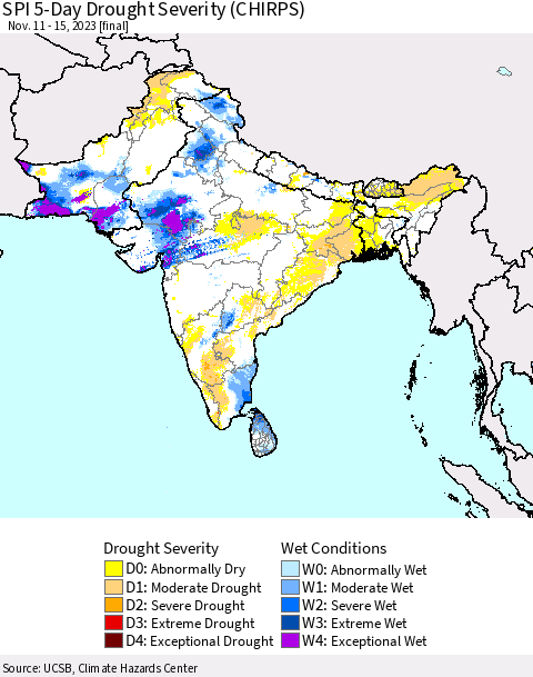 Southern Asia SPI 5-Day Drought Severity (CHIRPS) Thematic Map For 11/11/2023 - 11/15/2023