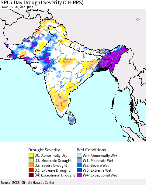 Southern Asia SPI 5-Day Drought Severity (CHIRPS) Thematic Map For 11/16/2023 - 11/20/2023