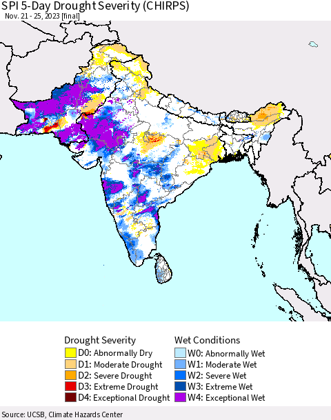 Southern Asia SPI 5-Day Drought Severity (CHIRPS) Thematic Map For 11/21/2023 - 11/25/2023