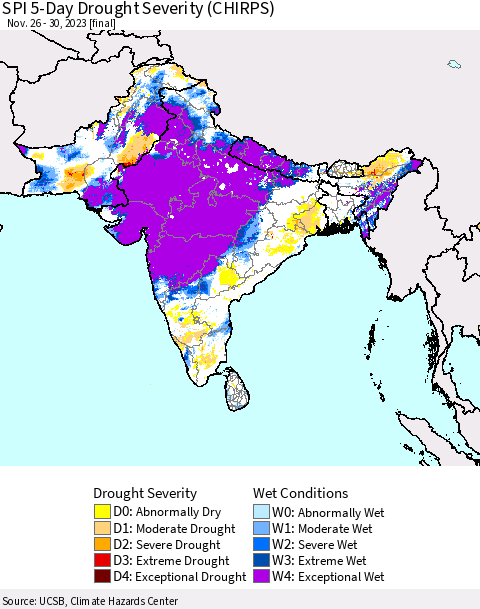 Southern Asia SPI 5-Day Drought Severity (CHIRPS) Thematic Map For 11/26/2023 - 11/30/2023