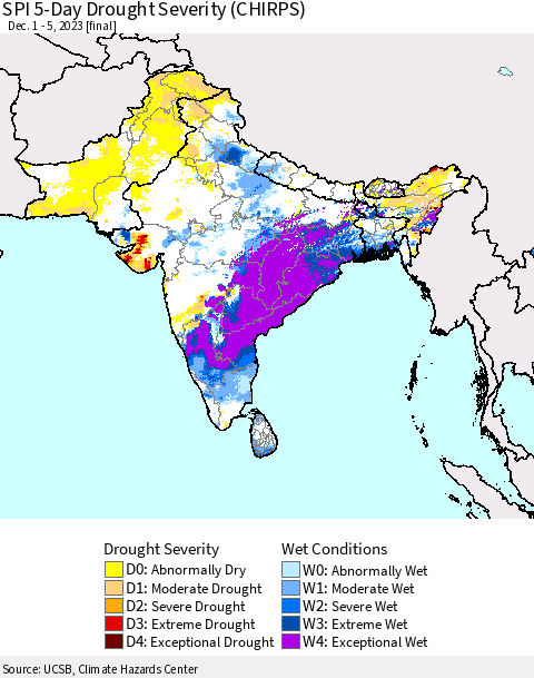 Southern Asia SPI 5-Day Drought Severity (CHIRPS) Thematic Map For 12/1/2023 - 12/5/2023
