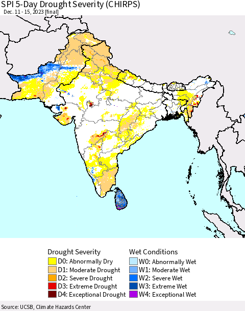 Southern Asia SPI 5-Day Drought Severity (CHIRPS) Thematic Map For 12/11/2023 - 12/15/2023
