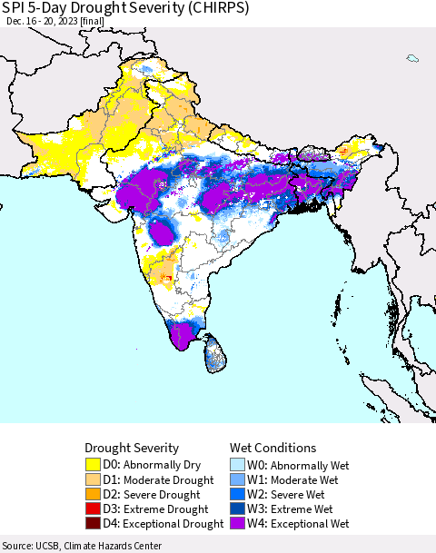 Southern Asia SPI 5-Day Drought Severity (CHIRPS) Thematic Map For 12/16/2023 - 12/20/2023