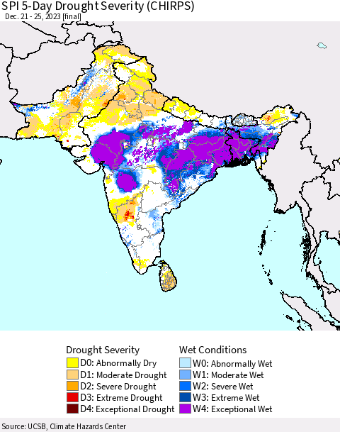 Southern Asia SPI 5-Day Drought Severity (CHIRPS) Thematic Map For 12/21/2023 - 12/25/2023