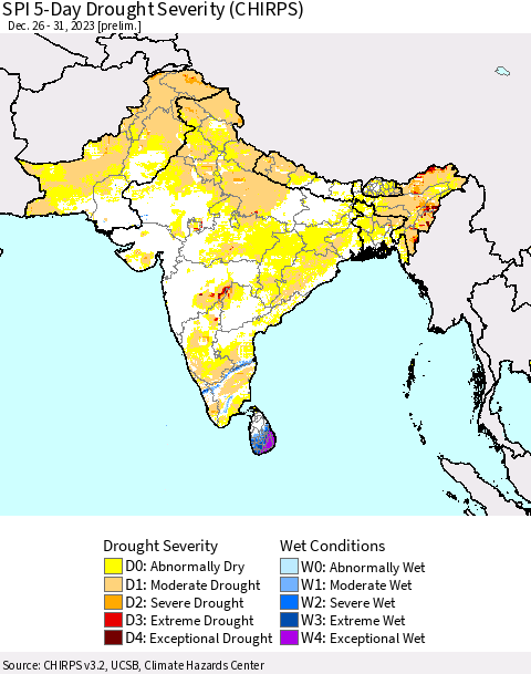 Southern Asia SPI 5-Day Drought Severity (CHIRPS) Thematic Map For 12/26/2023 - 12/31/2023