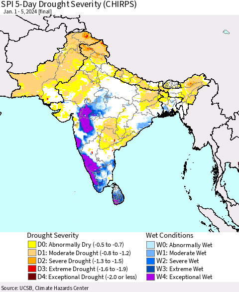 Southern Asia SPI 5-Day Drought Severity (CHIRPS) Thematic Map For 1/1/2024 - 1/5/2024