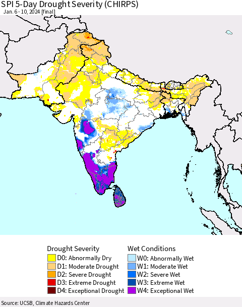 Southern Asia SPI 5-Day Drought Severity (CHIRPS) Thematic Map For 1/6/2024 - 1/10/2024