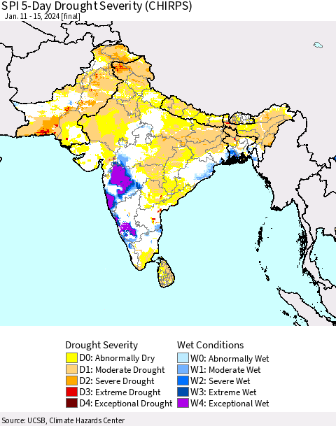 Southern Asia SPI 5-Day Drought Severity (CHIRPS) Thematic Map For 1/11/2024 - 1/15/2024
