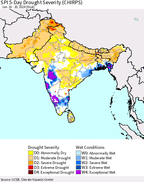 Southern Asia SPI 5-Day Drought Severity (CHIRPS) Thematic Map For 1/16/2024 - 1/20/2024