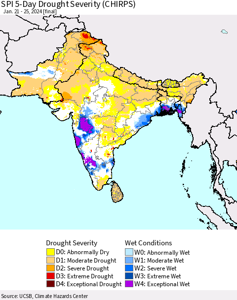 Southern Asia SPI 5-Day Drought Severity (CHIRPS) Thematic Map For 1/21/2024 - 1/25/2024