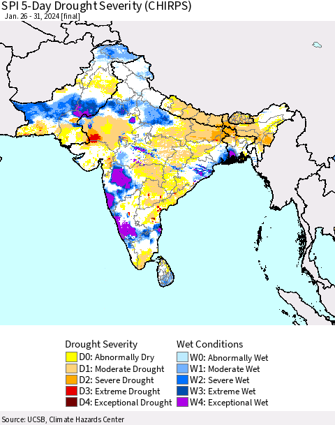 Southern Asia SPI 5-Day Drought Severity (CHIRPS) Thematic Map For 1/26/2024 - 1/31/2024