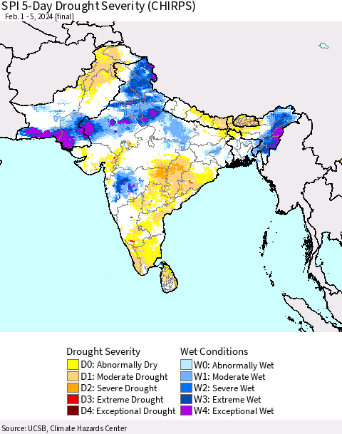 Southern Asia SPI 5-Day Drought Severity (CHIRPS) Thematic Map For 2/1/2024 - 2/5/2024