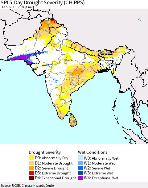 Southern Asia SPI 5-Day Drought Severity (CHIRPS) Thematic Map For 2/6/2024 - 2/10/2024